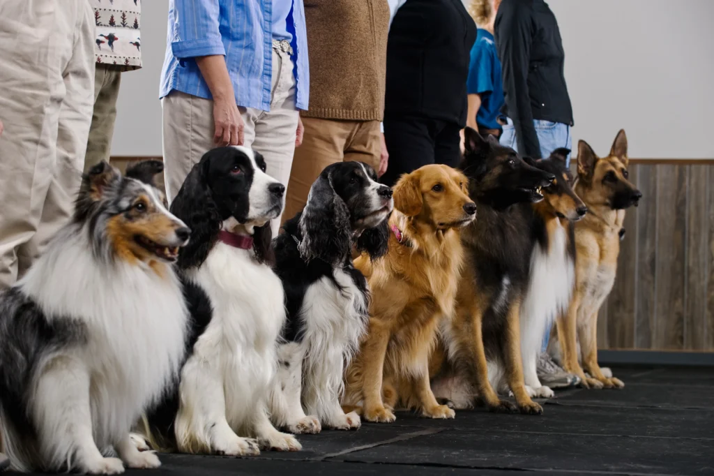 Diverse dog breeds sitting obediently with owners