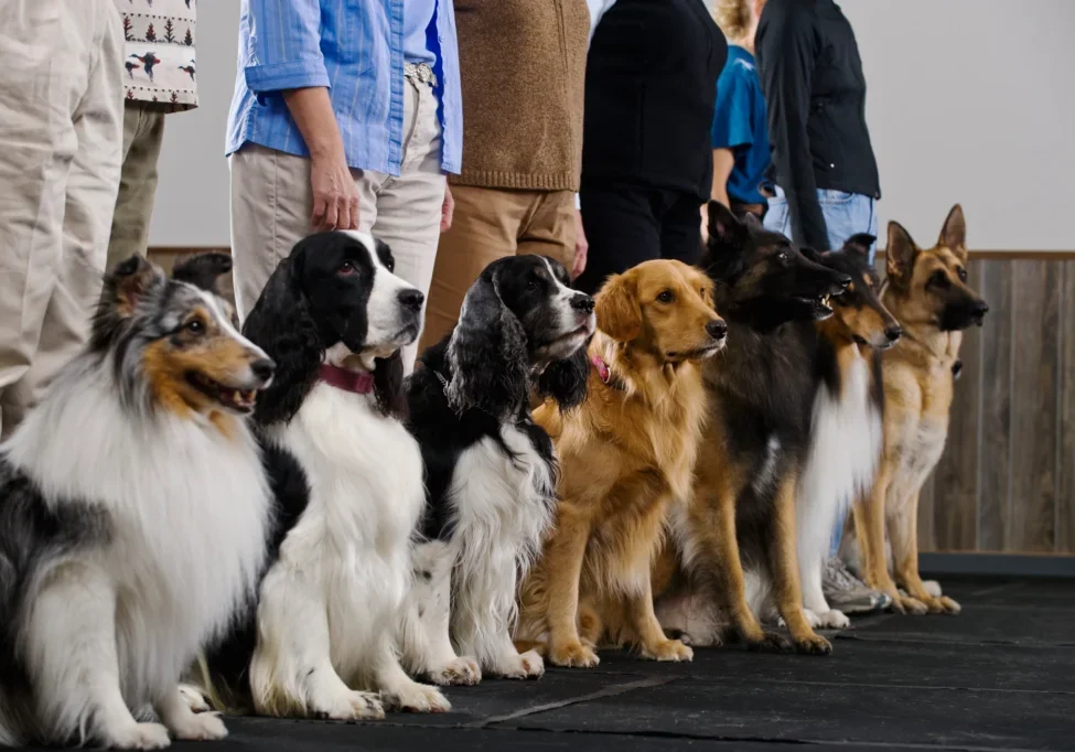 Diverse dog breeds sitting obediently with owners